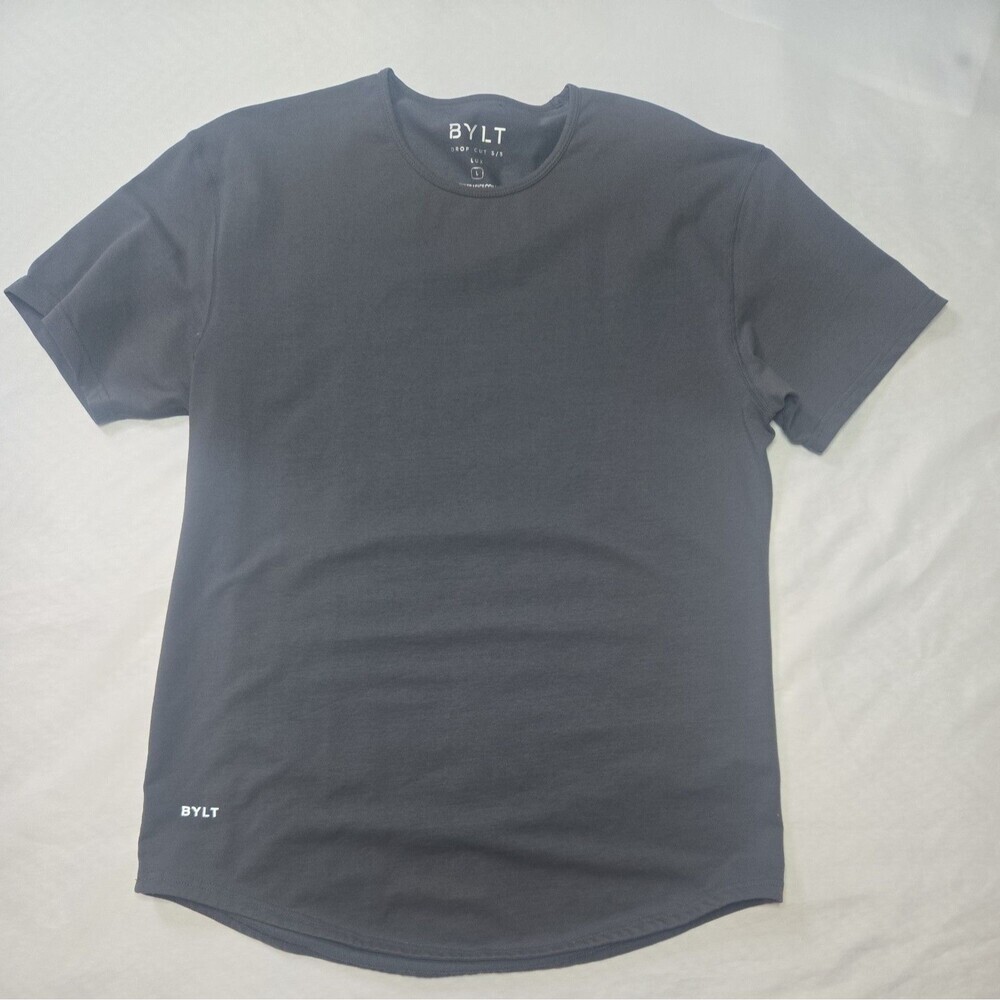 BYLT Shirt Mens Large  Grey Crew Neck Drop Cut Short Sleeve Athletic Fit Muscle